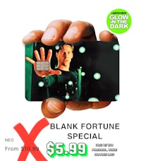 a man is holding up a blank fortune card